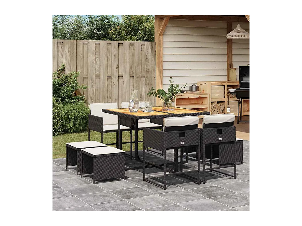 Ensemble à manger de jardin 9pcs coussins noir résine tressée