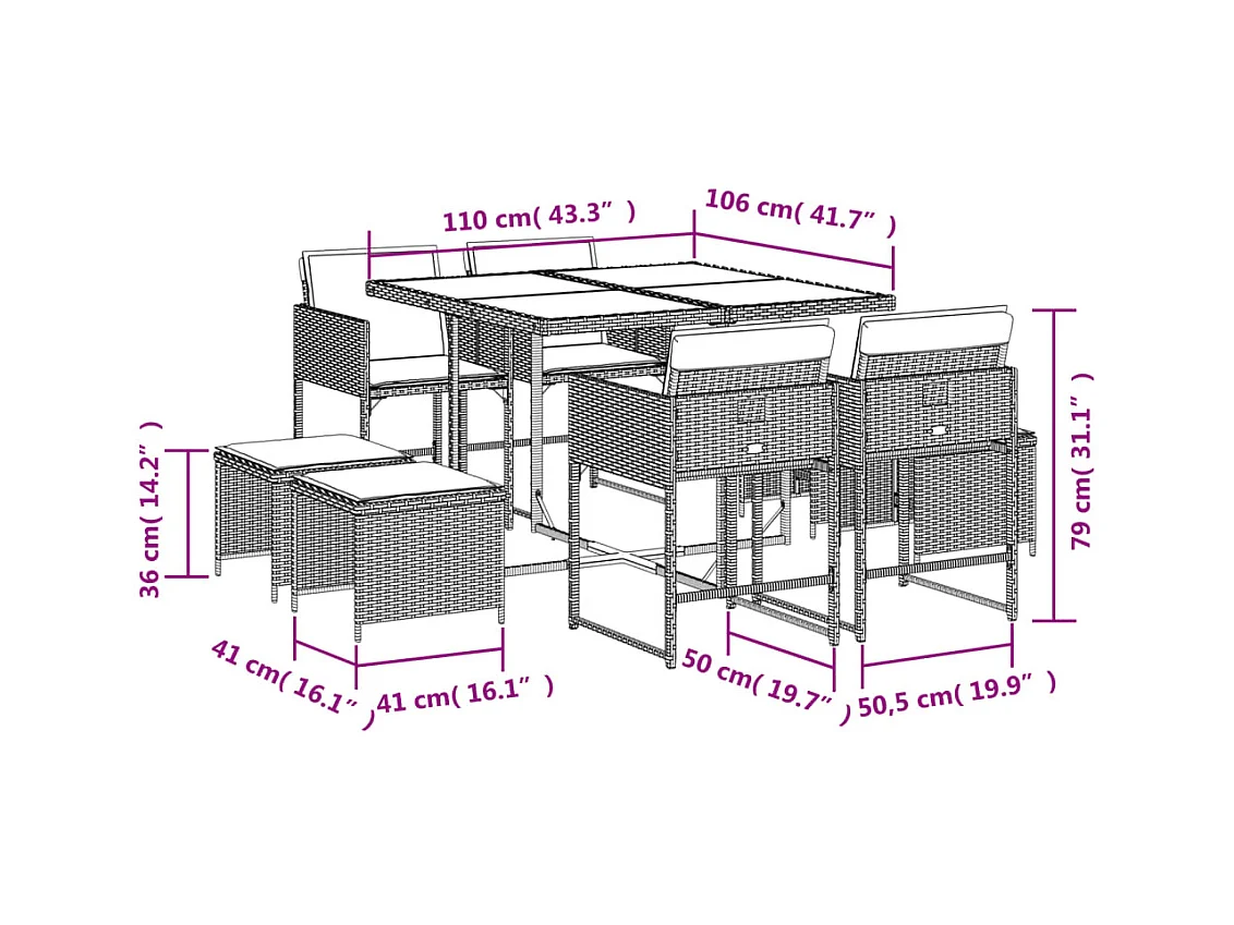 Ensemble à manger de jardin 9pcs coussins noir résine tressée