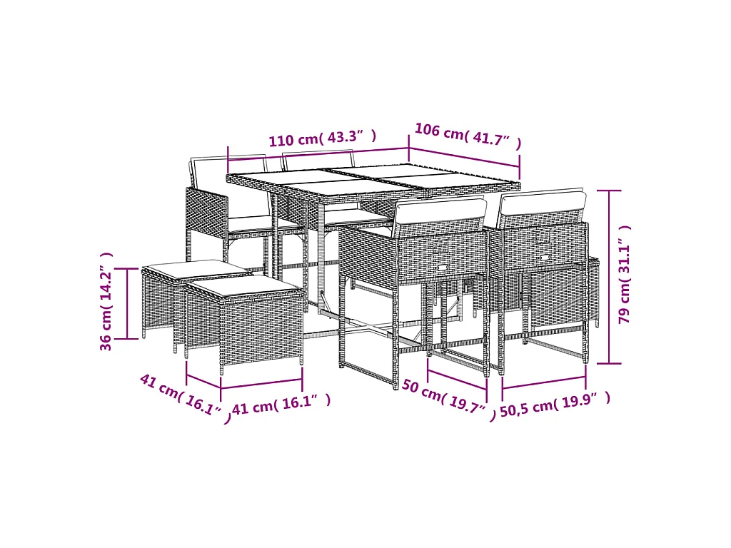 Ensemble à manger de jardin 9pcs coussins noir résine tressée