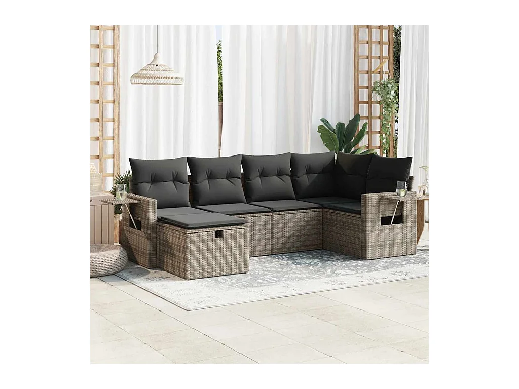 Salon de jardin 6 pcs avec coussins gris résine tressée