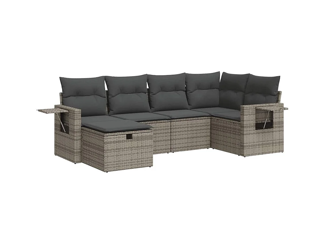 Salon de jardin 6 pcs avec coussins gris résine tressée