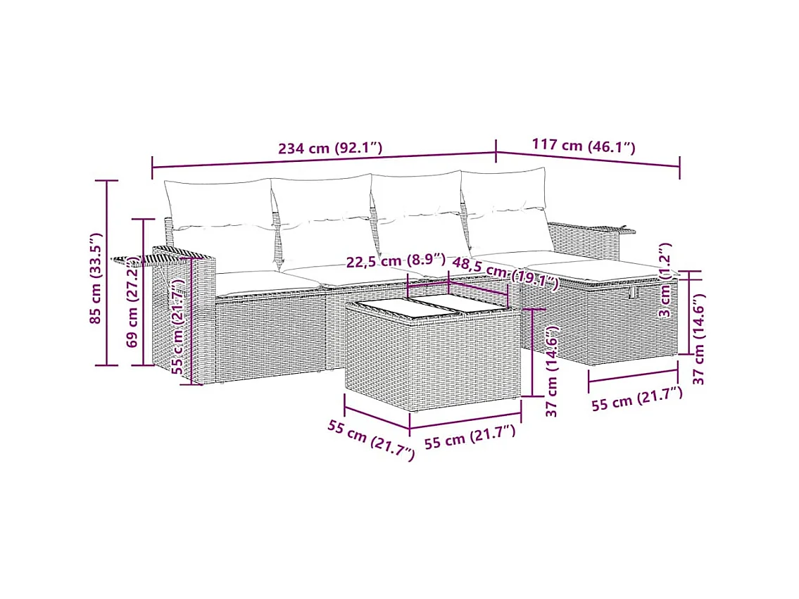 Salon de jardin 6 pcs avec coussins gris résine tressée