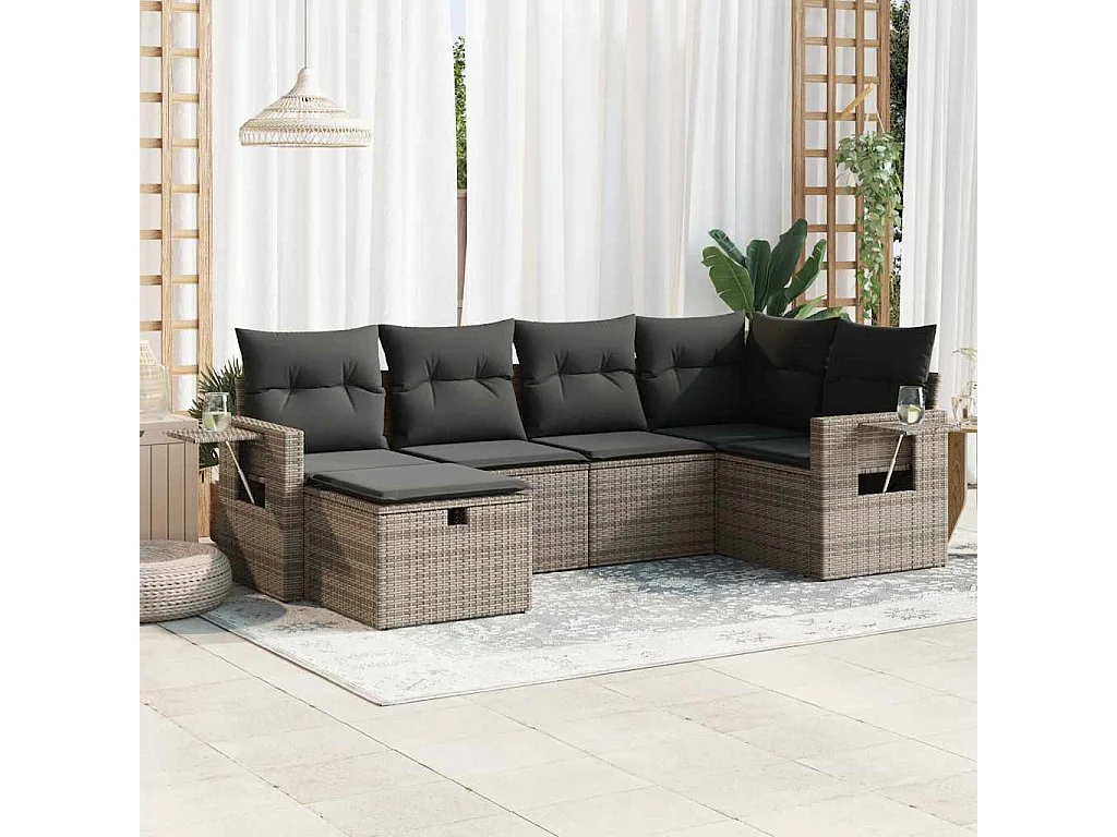 6 pcs conjunto sofás de jardim com almofadões vime cinzento