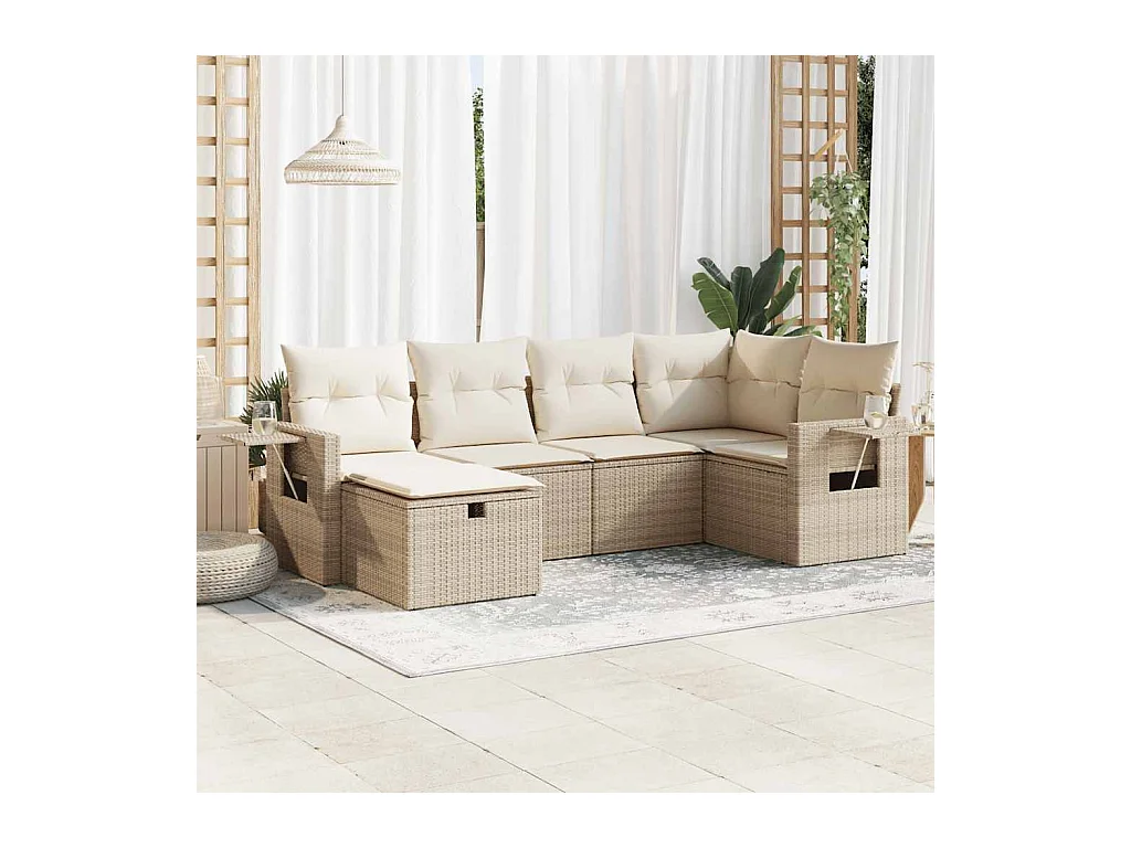 6-tlg. Garten-Sofagarnitur mit Kissen Beige Poly Rattan