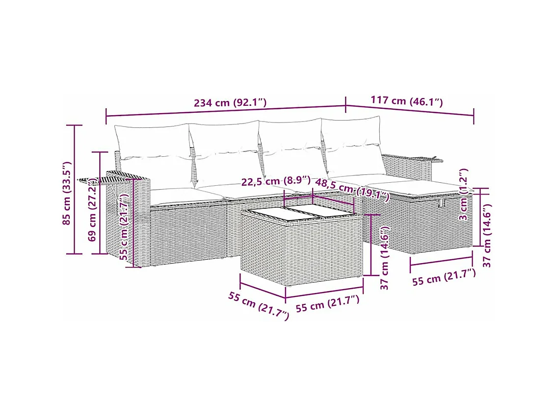 6-tlg. Garten-Sofagarnitur mit Kissen Beige Poly Rattan