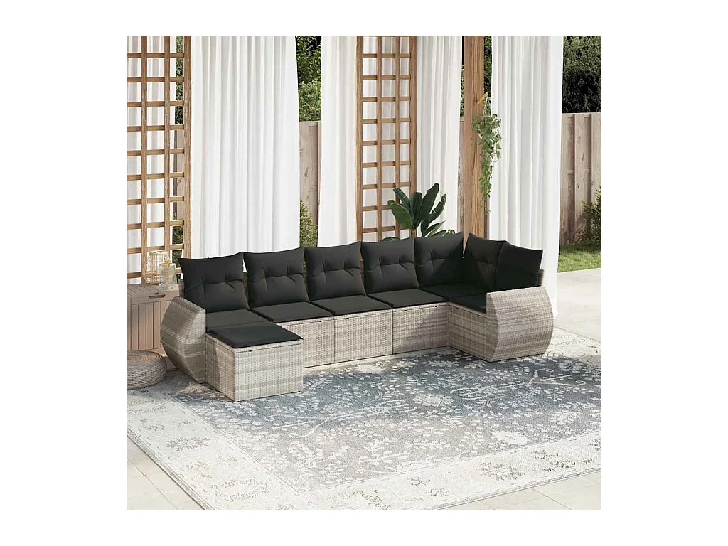 Salon de jardin avec coussins 7 pcs gris clair résine tressée