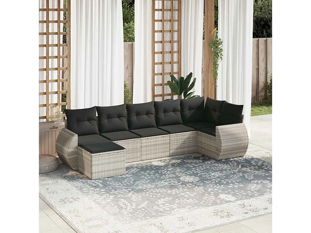 Salon de jardin avec coussins 7 pcs gris clair résine tressée