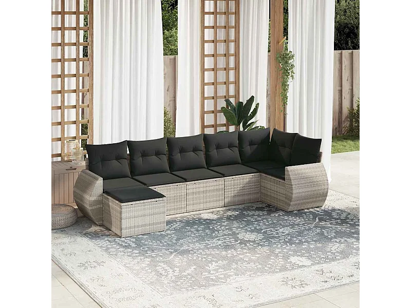 Salon de jardin avec coussins 7 pcs gris clair résine tressée