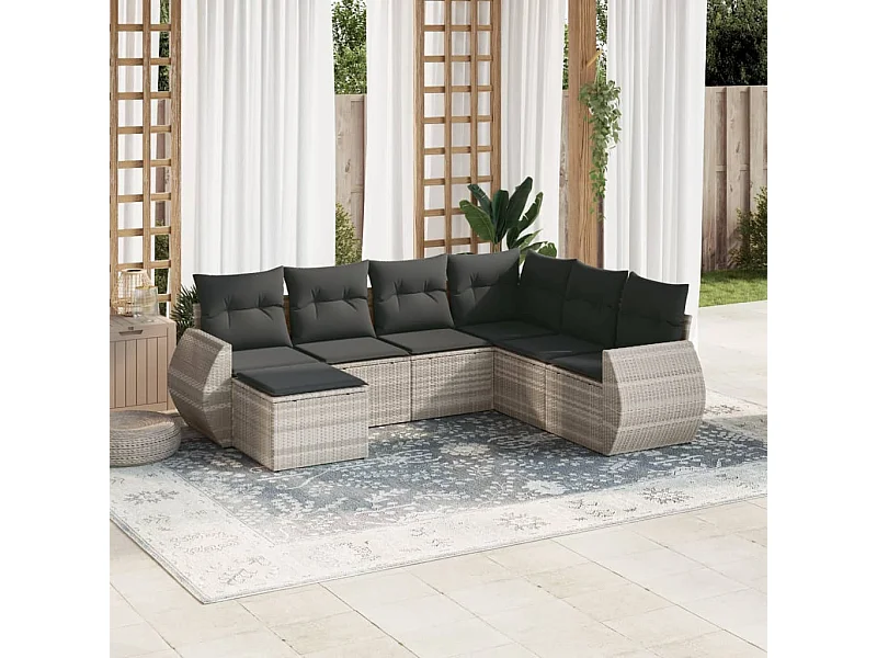 7-tlg. Garten-Sofagarnitur mit Kissen Hellgrau Poly Rattan