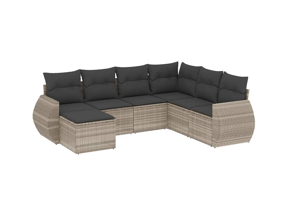 7-tlg. Garten-Sofagarnitur mit Kissen Hellgrau Poly Rattan