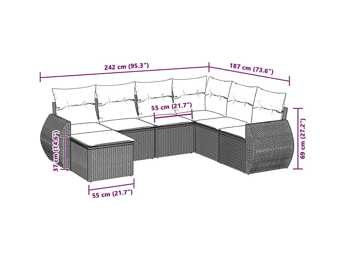 7-tlg. Garten-Sofagarnitur mit Kissen Hellgrau Poly Rattan