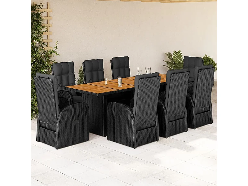 Set da Pranzo da Giardino 9 pz con Cuscini Nero in Polyrattan