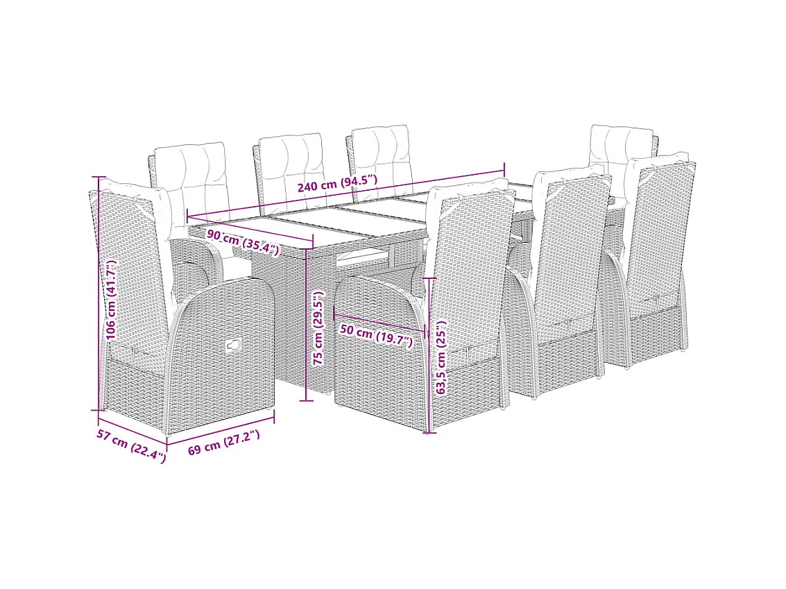 Ensemble à manger de jardin 9pcs coussins noir résine tressée