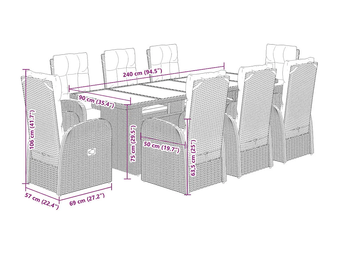 9-tlg. Garten-Essgruppe mit Kissen Schwarz Poly Rattan