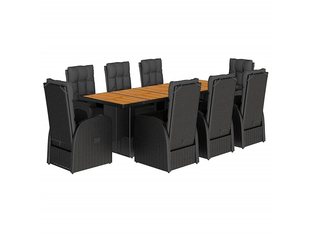 Set da Pranzo da Giardino 9 pz con Cuscini Nero in Polyrattan