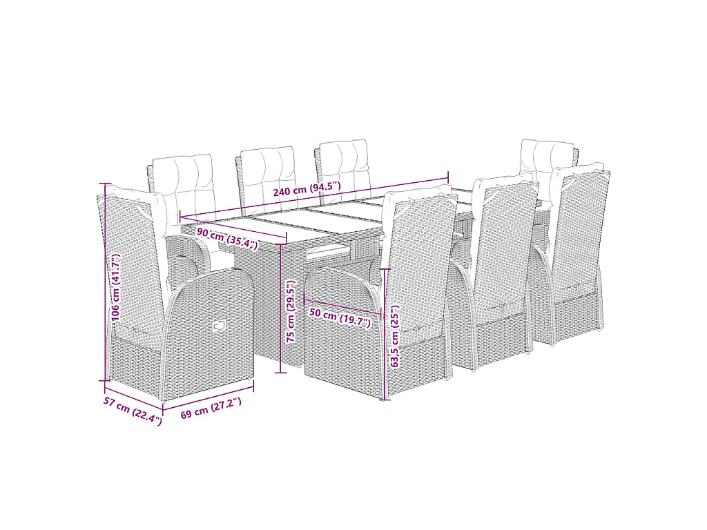Set da Pranzo da Giardino 9 pz con Cuscini Nero in Polyrattan