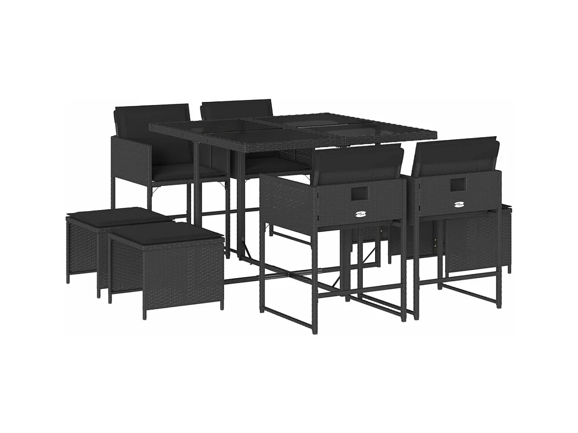 Ensemble à manger de jardin 9pcs coussins noir résine tressée