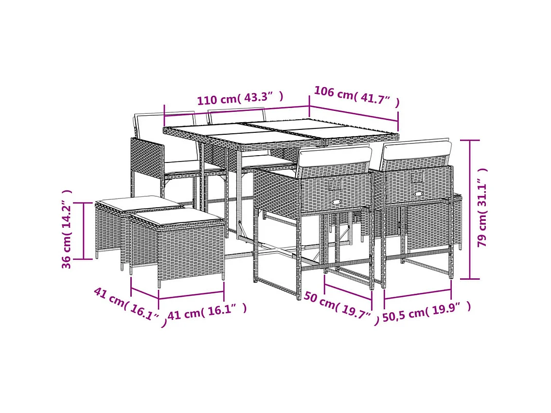 Ensemble à manger de jardin 9pcs coussins noir résine tressée