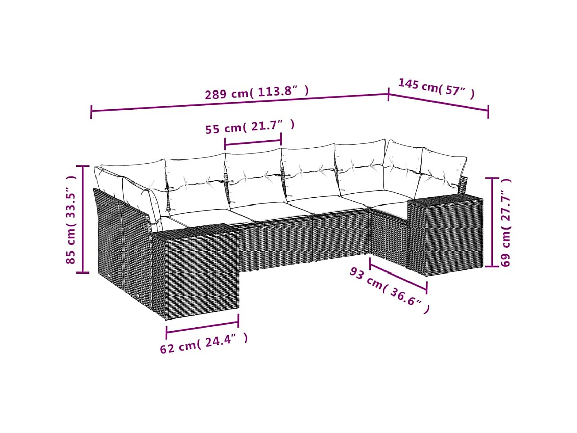 Salon de jardin avec coussins 7 pcs marron résine tressée