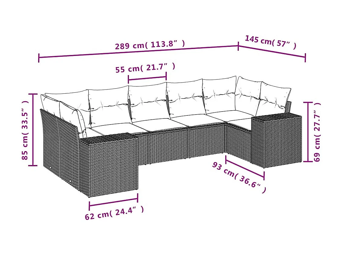Salon de jardin avec coussins 7 pcs marron résine tressée
