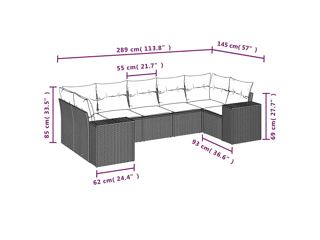 7-delige Loungeset met kussens poly rattan bruin