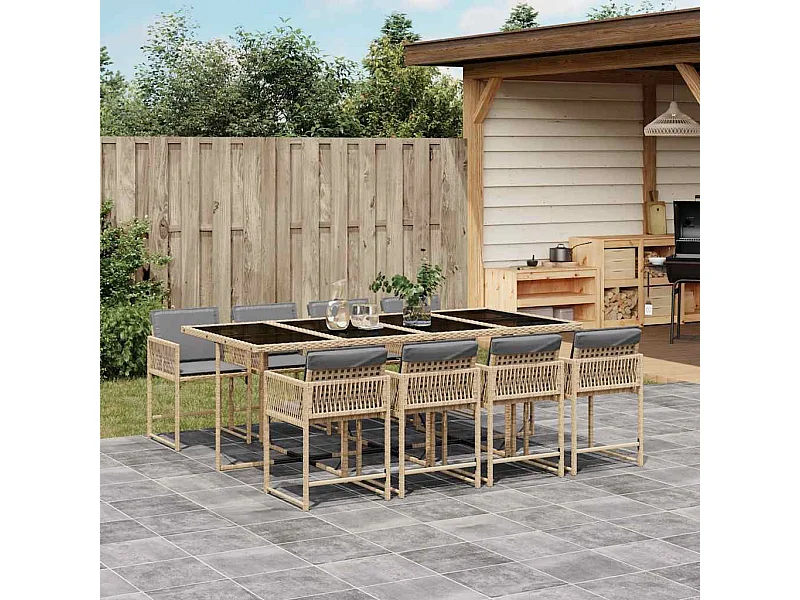 Set Pranzo da Giardino 9 pz con Cuscini Beige Misto Polyrattan