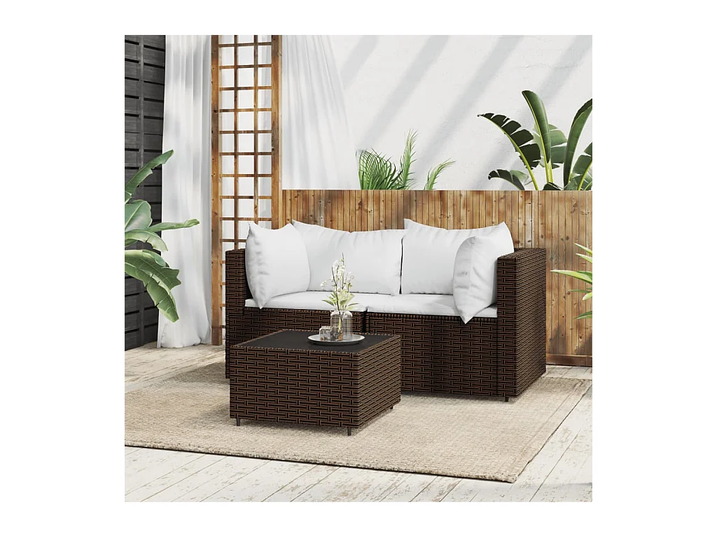 Salon de jardin 3 pcs avec coussins marron résine tressée