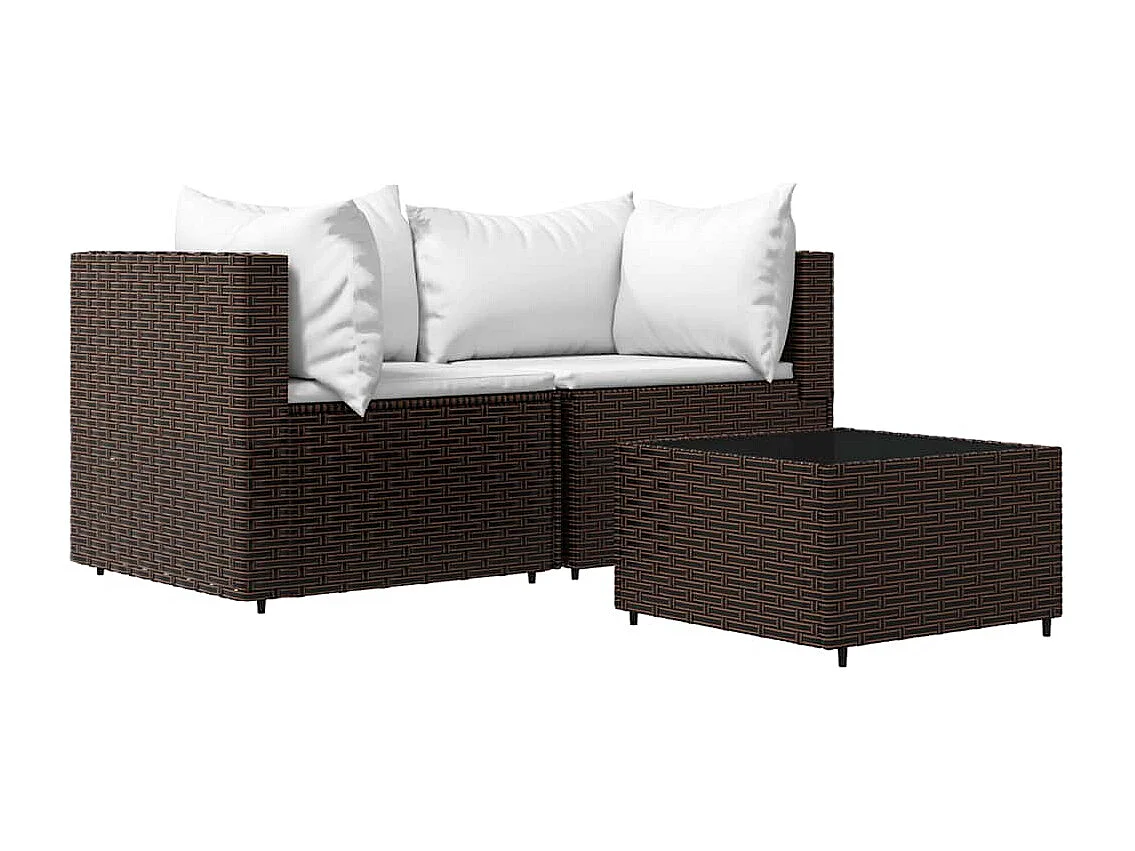 3-tlg. Garten-Lounge-Set mit Kissen Braun Poly Rattan
