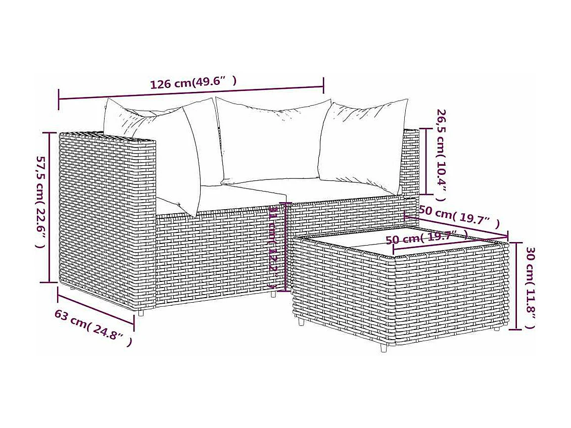 3-tlg. Garten-Lounge-Set mit Kissen Braun Poly Rattan