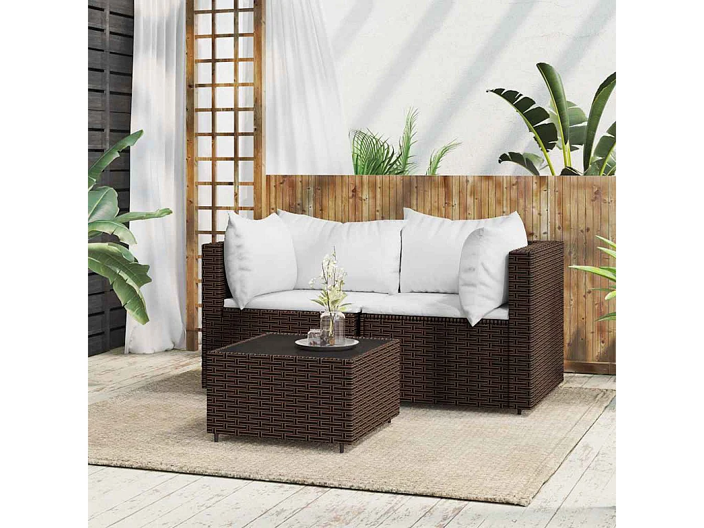 3-delige Loungeset met kussens poly rattan bruin