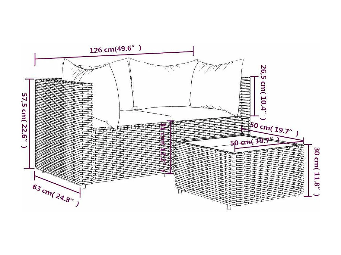 3-delige Loungeset met kussens poly rattan bruin