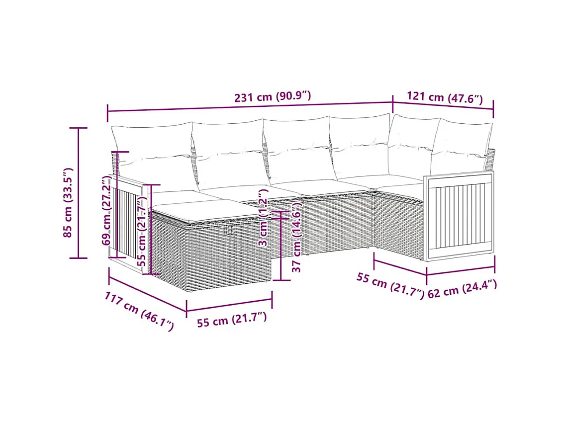 Salon de jardin 6 pcs avec coussins noir résine tressée