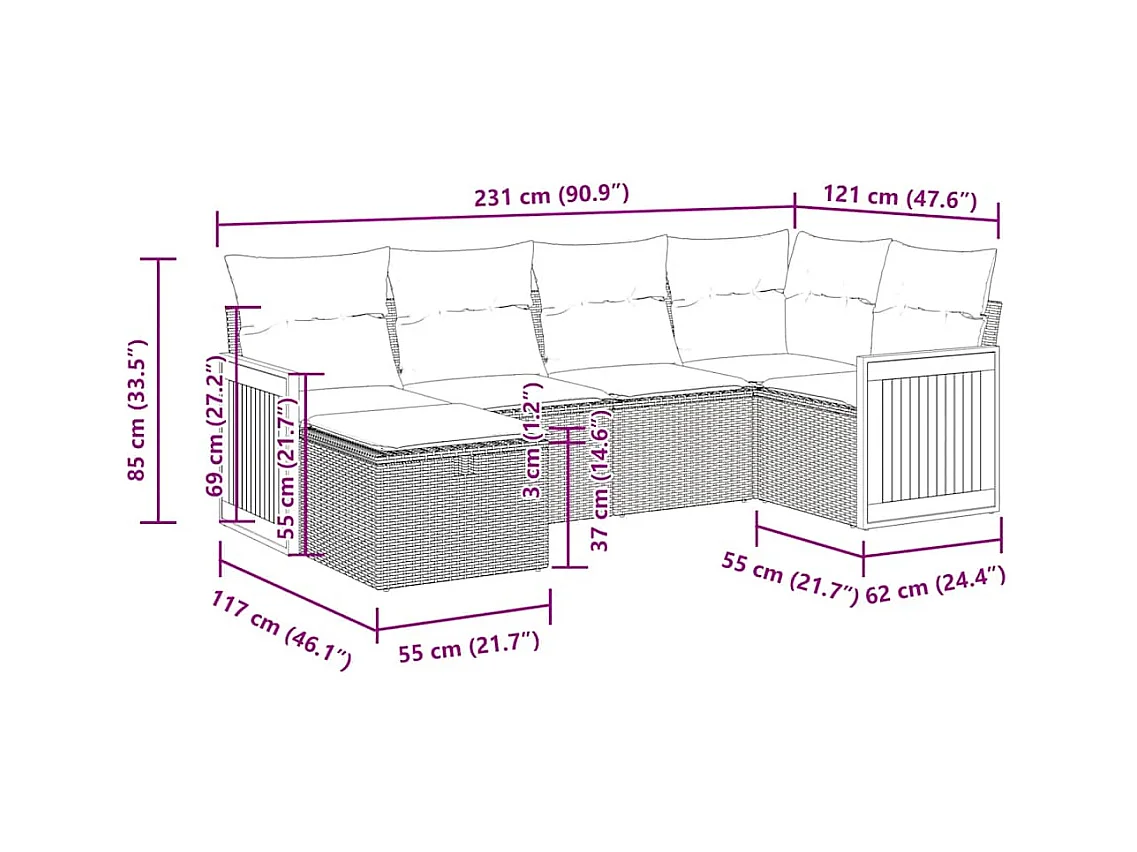 Salon de jardin 6 pcs avec coussins noir résine tressée