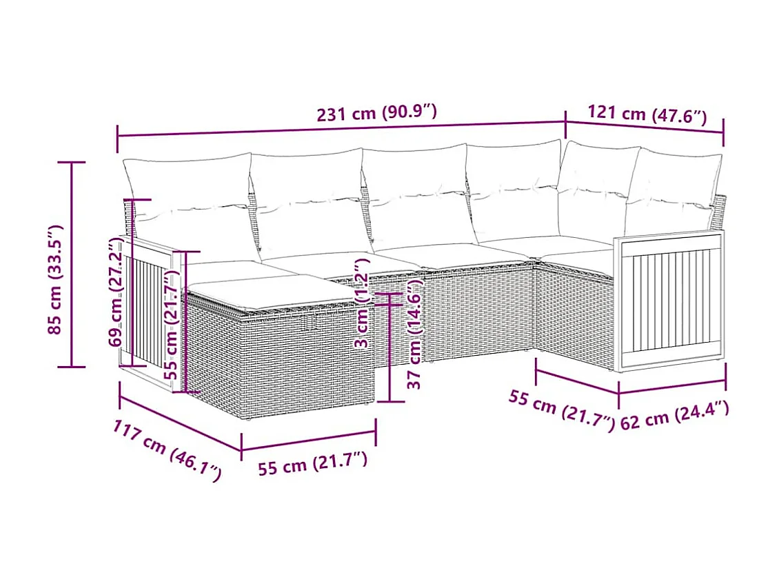 Salon de jardin 6 pcs avec coussins noir résine tressée