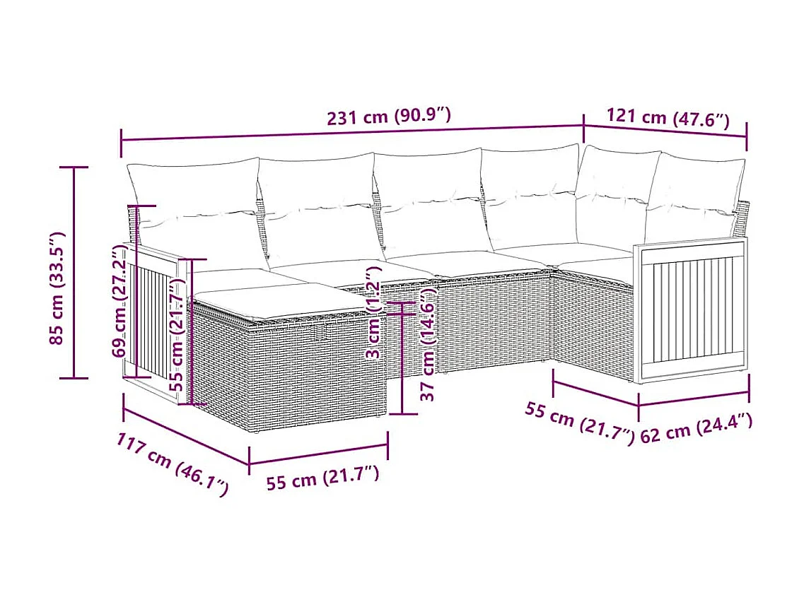 Salon de jardin 6 pcs avec coussins noir résine tressée