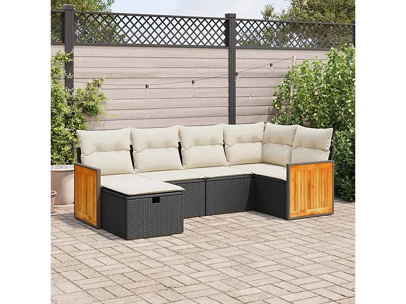 Salon de jardin 6 pcs avec coussins noir résine tressée