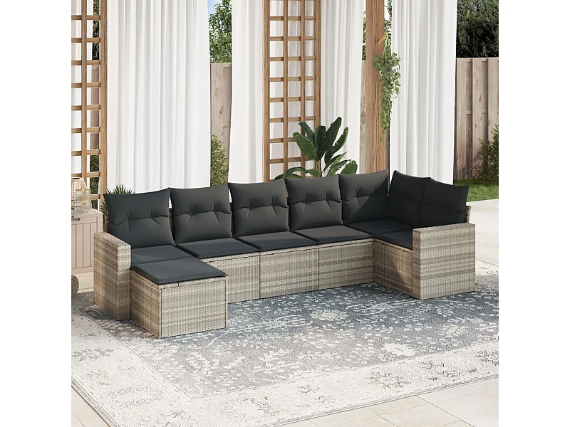 7 pcs conj. sofás jardim com almofadões vime PE cinzento-claro