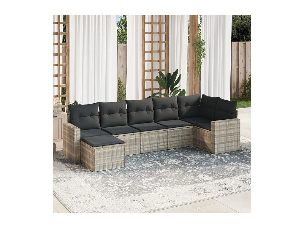 Salon de jardin avec coussins 7 pcs gris clair résine tressée