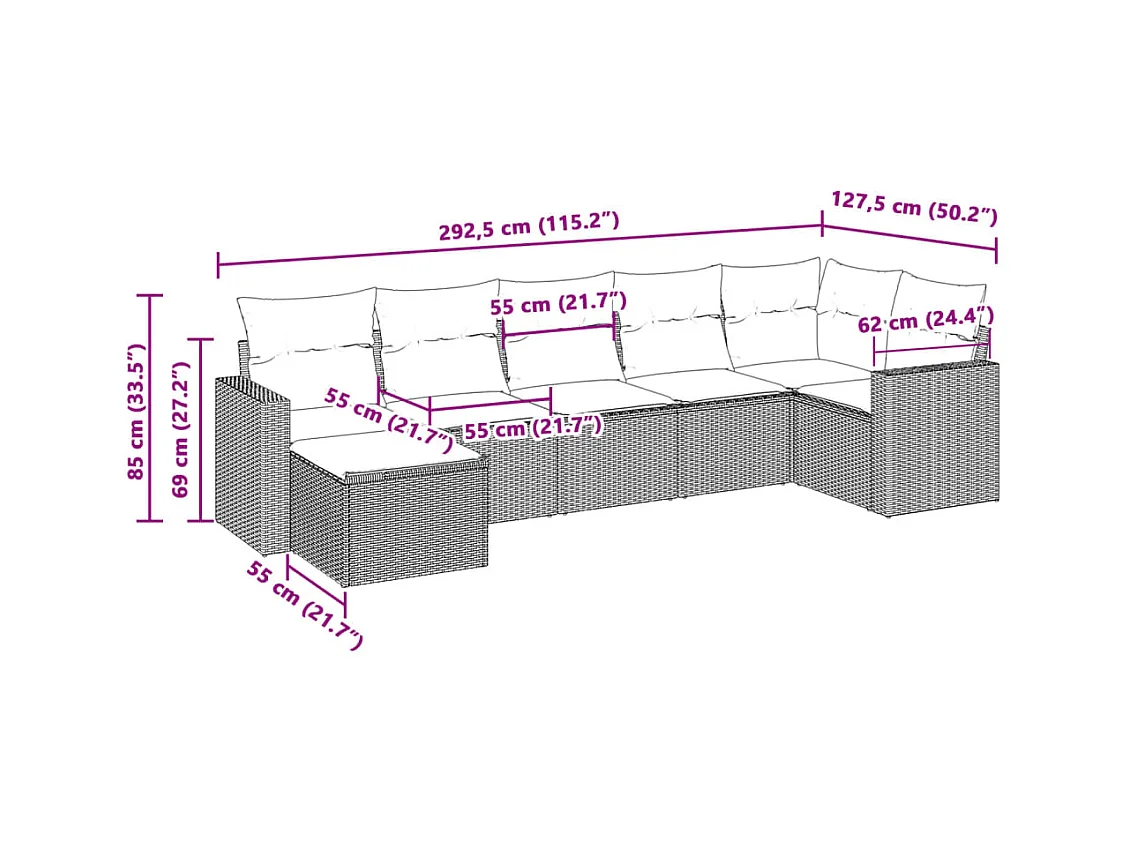 Salon de jardin avec coussins 7 pcs gris clair résine tressée
