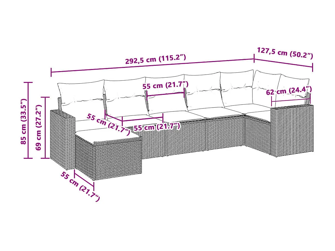 Salon de jardin avec coussins 7 pcs gris clair résine tressée
