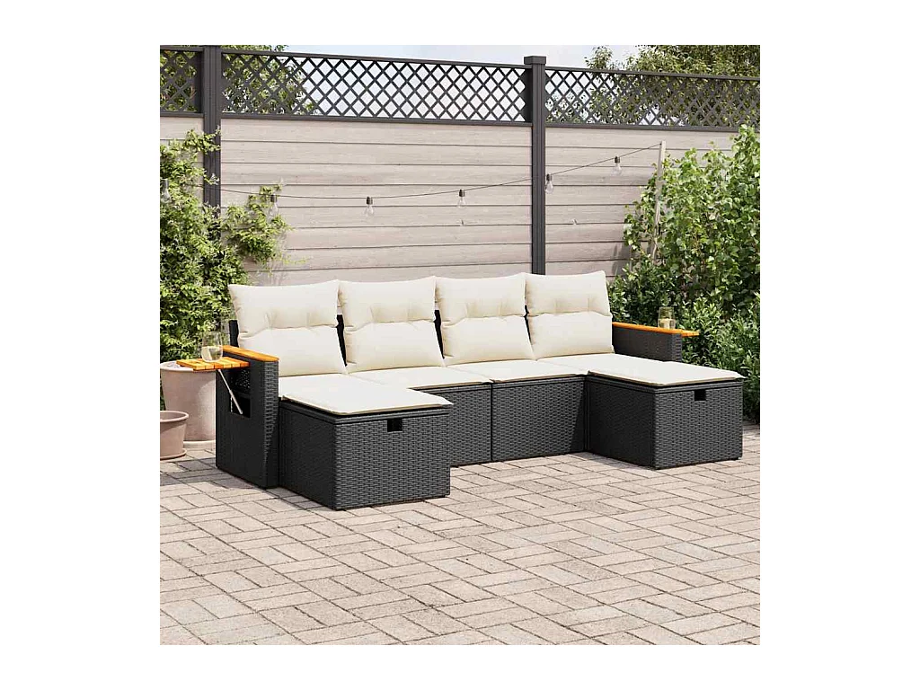 Salon de jardin 6 pcs avec coussins noir résine tressée