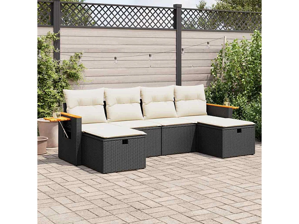 6-tlg. Garten-Sofagarnitur mit Kissen Schwarz Poly Rattan