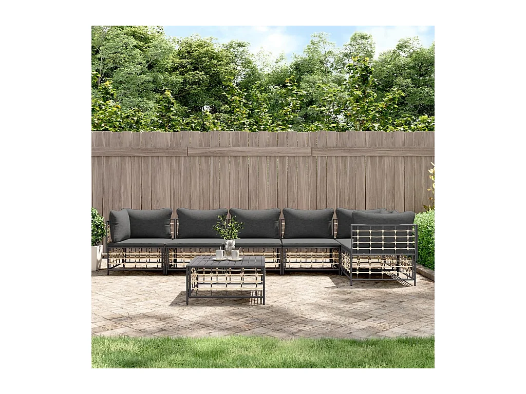 7-tlg. Garten-Lounge-Set mit Kissen Anthrazit Poly Rattan