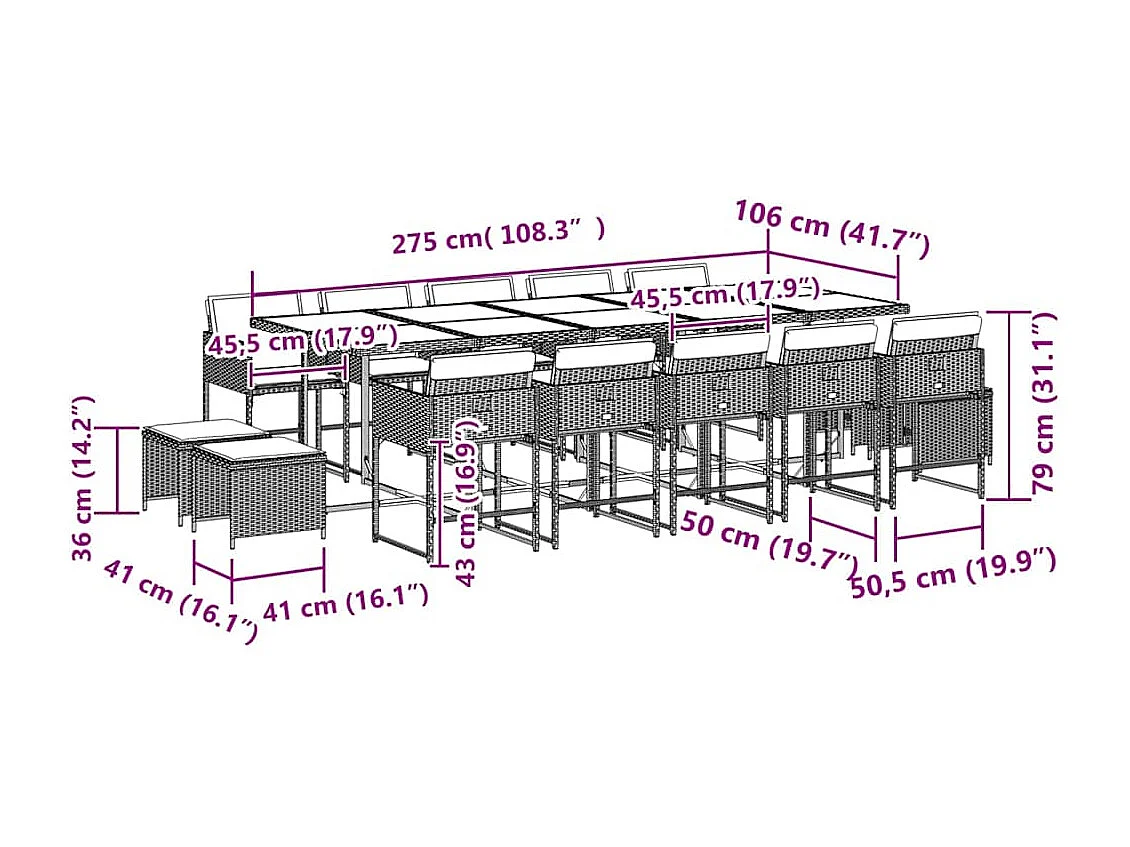 Ensemble à manger de jardin 15 pcs coussins gris résine tressée