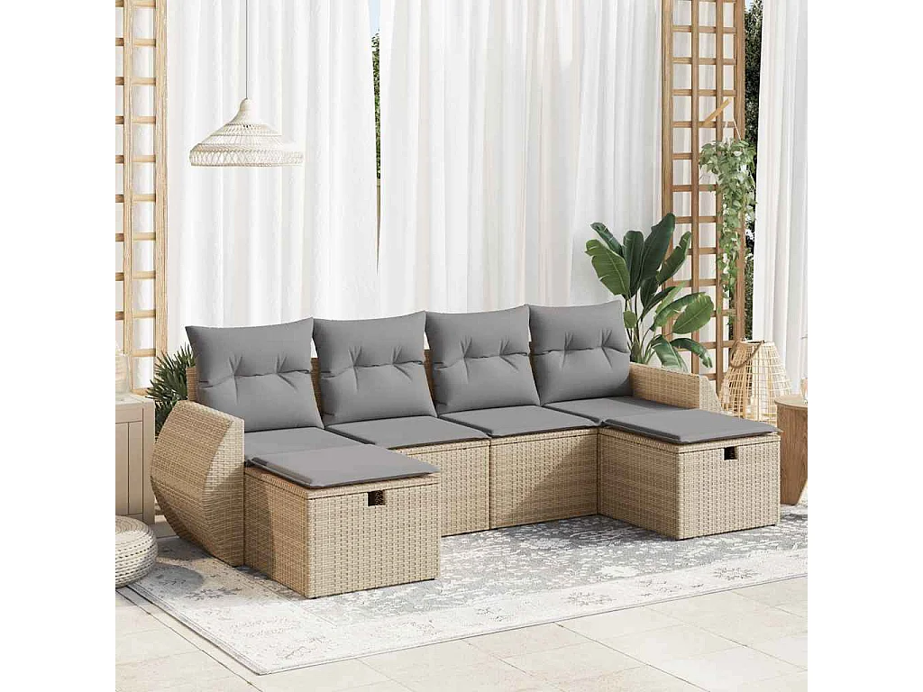 6-delige Loungeset met kussens poly rattan beige