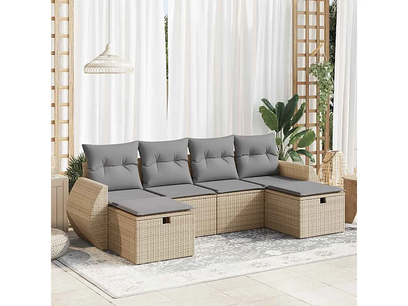 6-delige Loungeset met kussens poly rattan beige