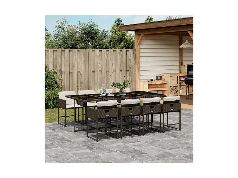 9-tlg. Garten-Essgruppe mit Kissen Braun Poly Rattan