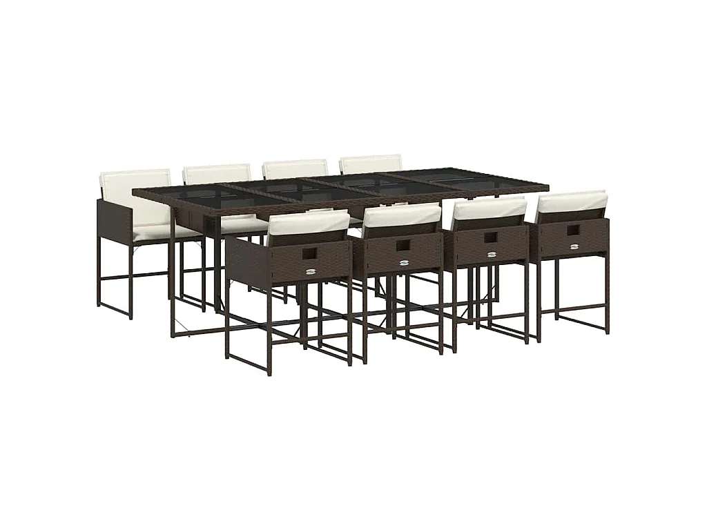 9 pcs conjunto jantar p/ jardim c/ almofadões vime PE castanho
