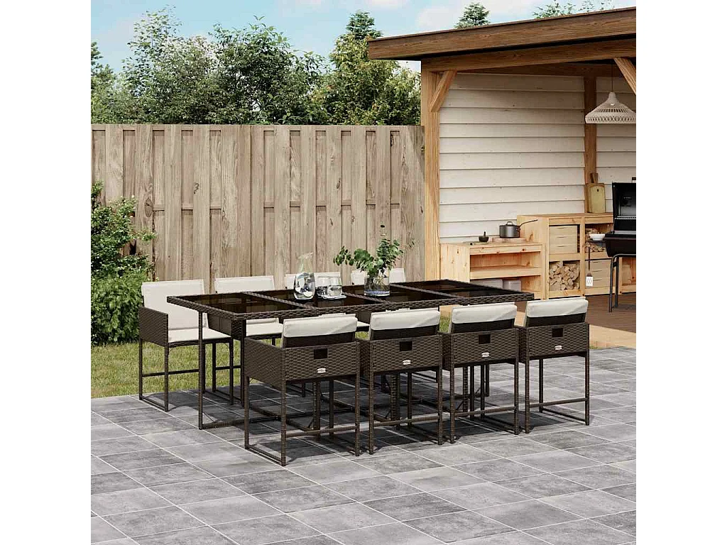 Ensemble à manger de jardin et coussins 9 pcs marron poly rotin