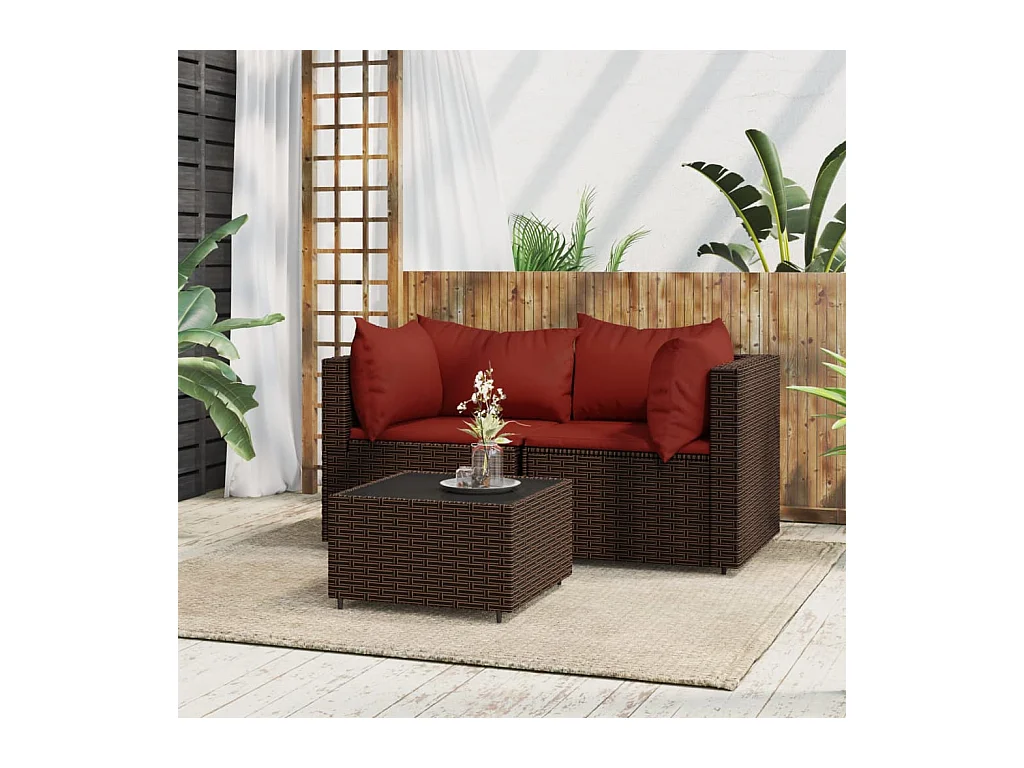 Salon de jardin 3 pcs avec coussins marron résine tressée